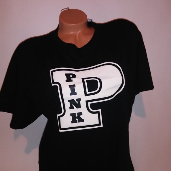 Victoria Secret PINK T Shirt‎ Black Cream Logo Crew Neck Short Sleeve Campus Tee - Picture 6 of 12